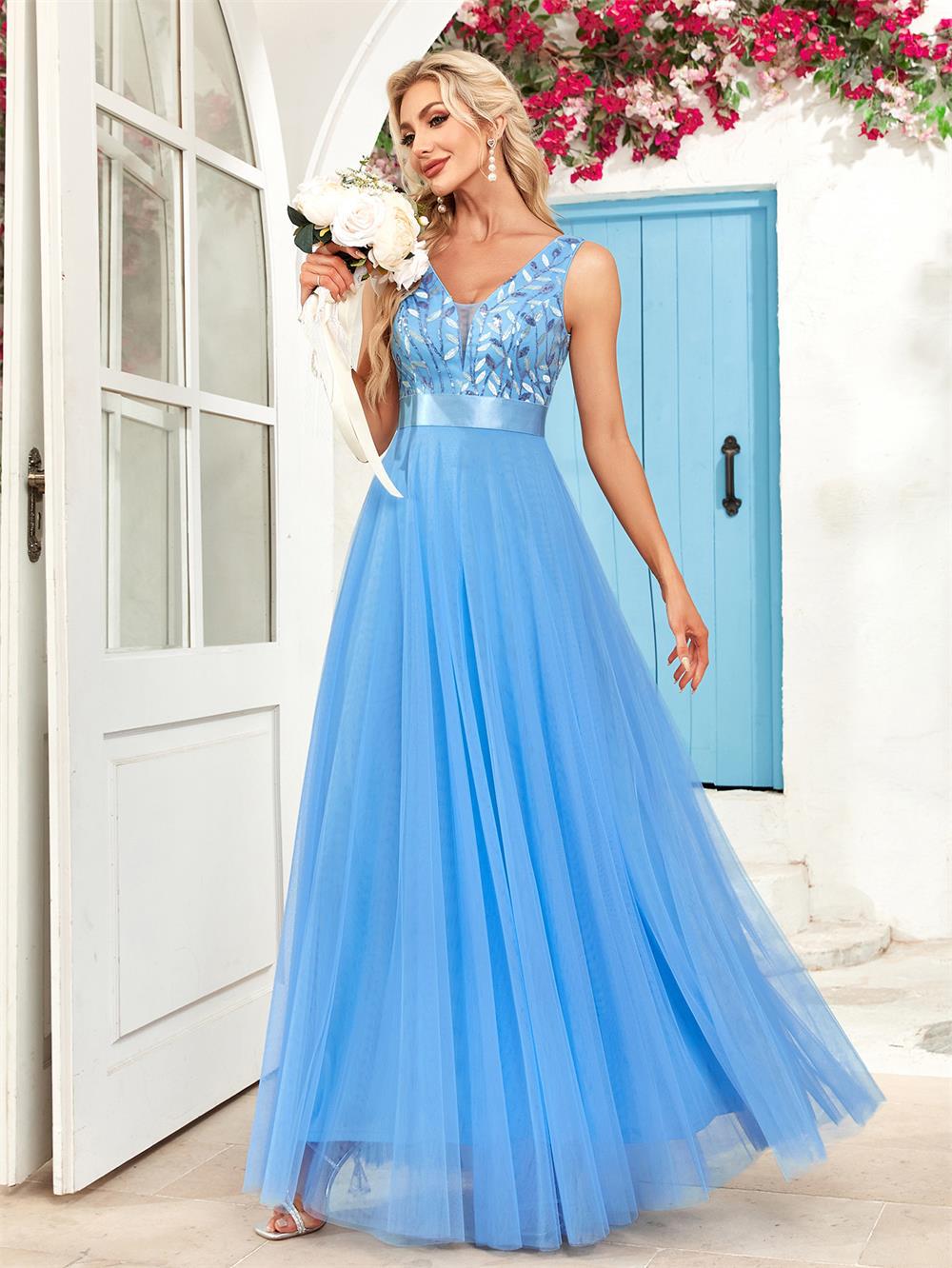 Patchwork Elastic Waist Sleeveless Double V Neck Evening Gown with Embroidered Tulle Elegant Long Swing Party Dress
