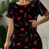 Pajamas Casual Red Lips Printed T-Shirt Shorts Two-Piece Set Comfortable Ladies Home Clothes