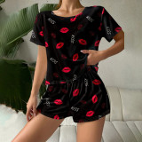 Pajamas Casual Red Lips Printed T-Shirt Shorts Two-Piece Set Comfortable Ladies Home Clothes