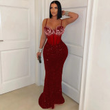 Women Velvet Sequin Beaded Strap Long Party Dress Dress