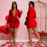Women Fashion Sexy V-Neck Solid Color Long Sleeve Bodycon Short Evening Dress
