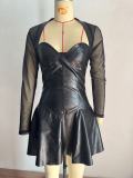 Spring Summer Long-Sleeved Mesh Patchwork Casual A-Line Dress