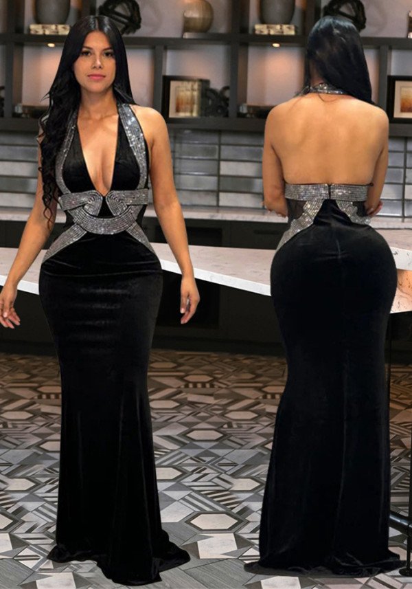 Sexy Halter Neck Low Back Fashion Sleeveless Slim Long Party Evening Dress