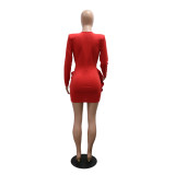 Women Fashion Sexy V-Neck Solid Color Long Sleeve Bodycon Short Evening Dress