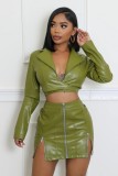 Fashionable Long-Sleeved V-Neck Slim Fit Sexy Hollow Fake Two-Piece Leather Dress