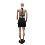 Fashion Sexy Lace-Up Beaded Tassel Top Bodycon Short Skirt Solid Color Two-Piece Set