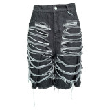 Women Pocket Ripped Knee-Length Denim Shorts