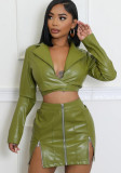 Fashionable Long-Sleeved V-Neck Slim Fit Sexy Hollow Fake Two-Piece Leather Dress