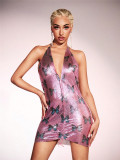Women's Sexy Strap Butterfly Print Deep V Low Back Short Nightclub Sequin Dress