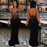 Women Velvet Sequin Beaded Strap Long Party Dress Dress