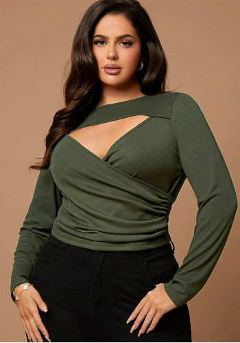 Autumn And Winter Plus Size Women's Sexy Hollow V-Neck Slim Long Sleeve Tops