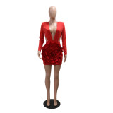 Women Fashion Sexy V-Neck Solid Color Long Sleeve Bodycon Short Evening Dress
