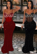 Women Velvet Sequin Beaded Strap Long Party Dress Dress Women Velvet Sequin Beaded Strap Long Party Dress Dress
