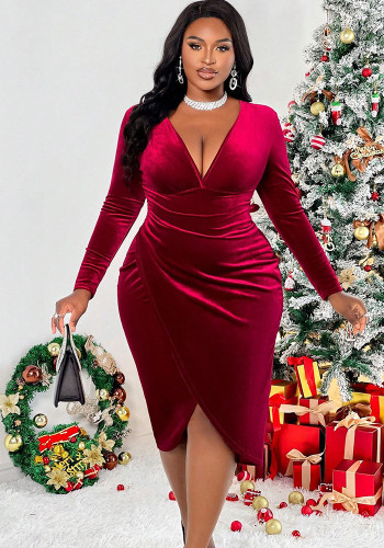 Autumn And Winter Women's Sexy V-Neck Burgundy Midi Dress