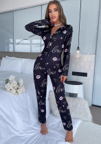 Button V-Neck Tight Fitting Valentine's Day Pajamas Lips Letter Print Long-Sleeved Home Jumpsuit