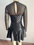 Spring Summer Long-Sleeved Mesh Patchwork Casual A-Line Dress