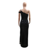 Women Sleeveless Hollow Sequin Nightclub Sexy Slit Long Evening Dress