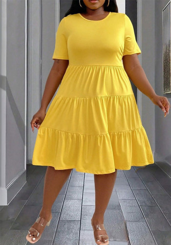 Spring And Summer Plus Size Women's Yellow Loose Short Sleeve Mid-Length Casual Dress