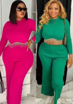 Women Patchwork Chain Round Neck Long Sleeve Top and Pants Two Piece Women Patchwork Chain Round Neck Long Sleeve Top and Pants Two Piece