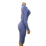 Women Turndown Collar V-Neck Sexy Slit Long Sleeve Solid Bodycon Dress