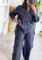 Women French Lace Patchwork Long Sleeve Shirt Wide Leg Pants Two Piece Women French Lace Patchwork Long Sleeve Shirt Wide Leg Pants Two Piece