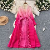 Women Lace-Up Ruffle Edge Pleated Dress