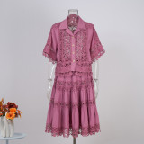 Women French Lace Hollow Crochet Flower Top Lace Patchwork Skirt Two Piece