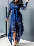 Women Lace Hollow Long Sleeve Stand Collar Lace Irregular Dress
