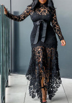 Women Lace Hollow Long Sleeve Stand Collar Lace Irregular Dress Women Lace Hollow Long Sleeve Stand Collar Lace Irregular Dress