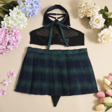 Women sexy See-Through Top underwear uniform plaid pleated SkirtThree-Piece
