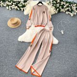 Women Letter Embroidery Knitting Long Sleeve Sweater Wide Leg Pants Two Piece