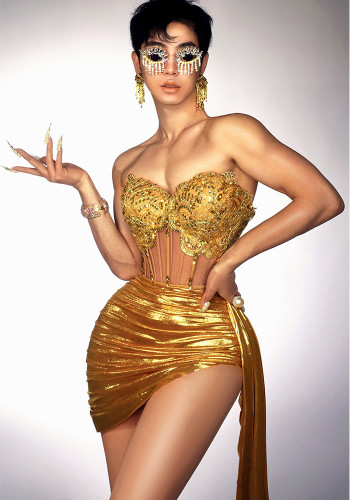 Women Sexy Strapless Rhinestone Chain Top and Mini Skirt Two Piece