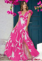 Women V-neck ruffled printed one-piece swimsuit and Skirt Holidays Two Piece