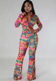 Women Long Sleeve Printed Top and Pants Two Piece