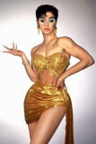 Women Sexy Strapless Rhinestone Chain Top and Mini Skirt Two Piece