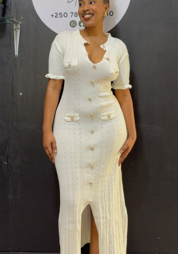 Women Hollow Wood Ear Lace Sleeve Button Dress