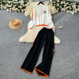 Women Letter Embroidery Knitting Long Sleeve Sweater Wide Leg Pants Two Piece