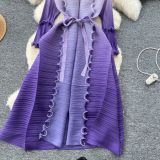 Women Lace-Up Ruffle Edge Pleated Dress