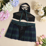 Women sexy See-Through Top underwear uniform plaid pleated SkirtThree-Piece