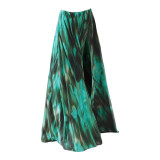 Women Green Paint Print Hollow Swimsuit and Skirt Two Piece