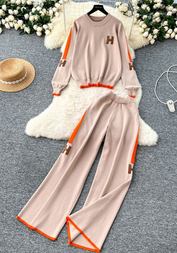 Women Letter Embroidery Knitting Long Sleeve Sweater Wide Leg Pants Two Piece
