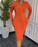 Women Turndown Collar V-Neck Sexy Slit Long Sleeve Solid Bodycon Dress
