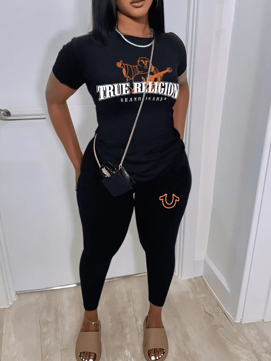 Women sexy printed short-sleeved Top and Pants Two Piece