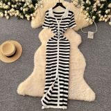 Women Metal Button Slit Knitting Dress