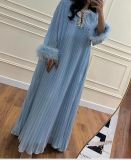 Women Round Neck Diamond Furry Patchwork Pleated Elegant Solid Dress