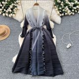 Women Lace-Up Ruffle Edge Pleated Dress