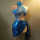 Women Sexy Strapless Rhinestone Chain Top and Mini Skirt Two Piece
