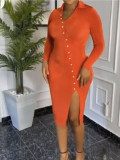Women Turndown Collar V-Neck Sexy Slit Long Sleeve Solid Bodycon Dress