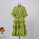 Women French Lace Hollow Crochet Flower Top Lace Patchwork Skirt Two Piece