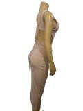 Women Hollow Lace Bodysuit and Sexy Button Slit Bodycon Skrit Two Piece